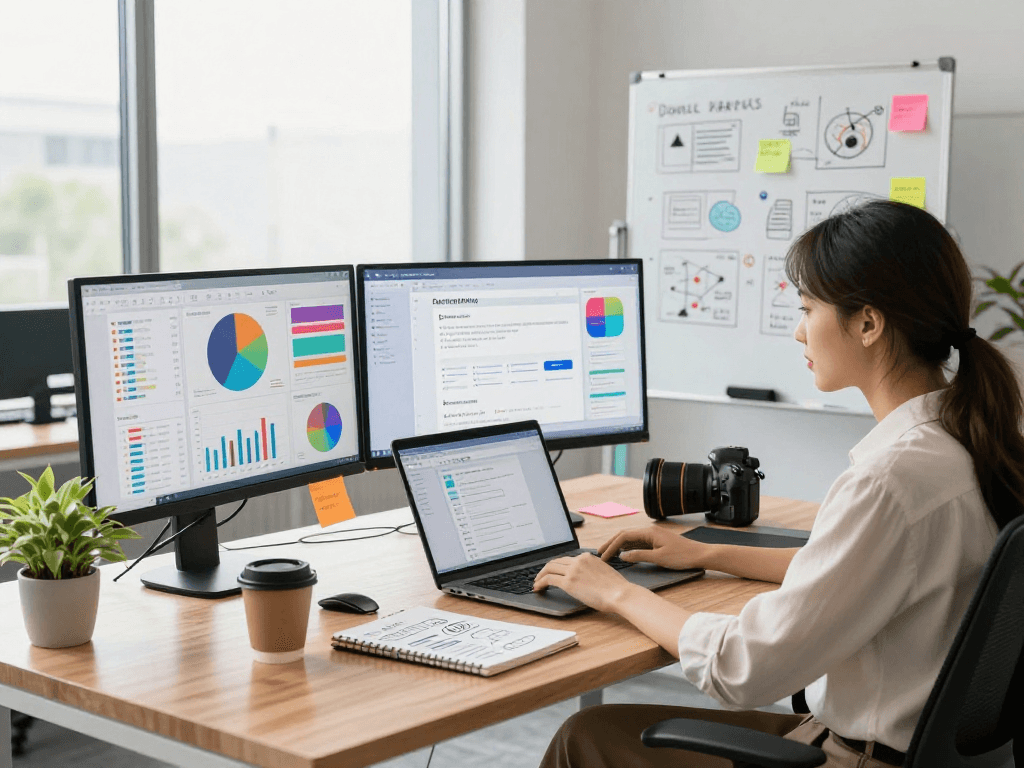 Analyst using spicy ai tools in a vibrant marketing workspace.