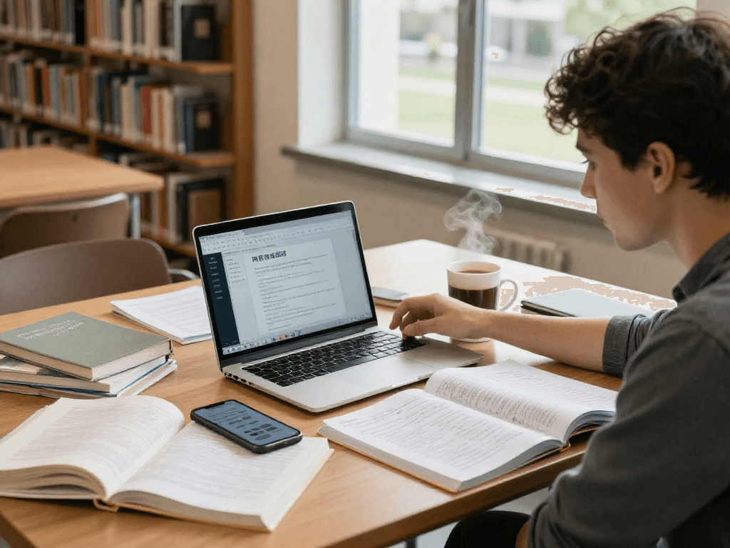 使用网易有道翻译的学生在图书馆认真学习，桌上堆满了书籍和笔记。
