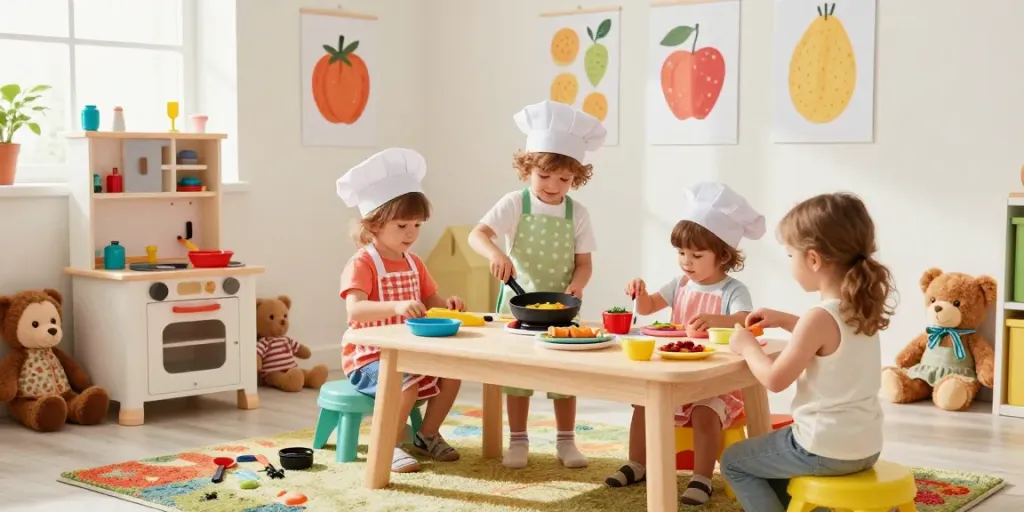 Kids kitchen playset with children cooking and playing in a colourful room.