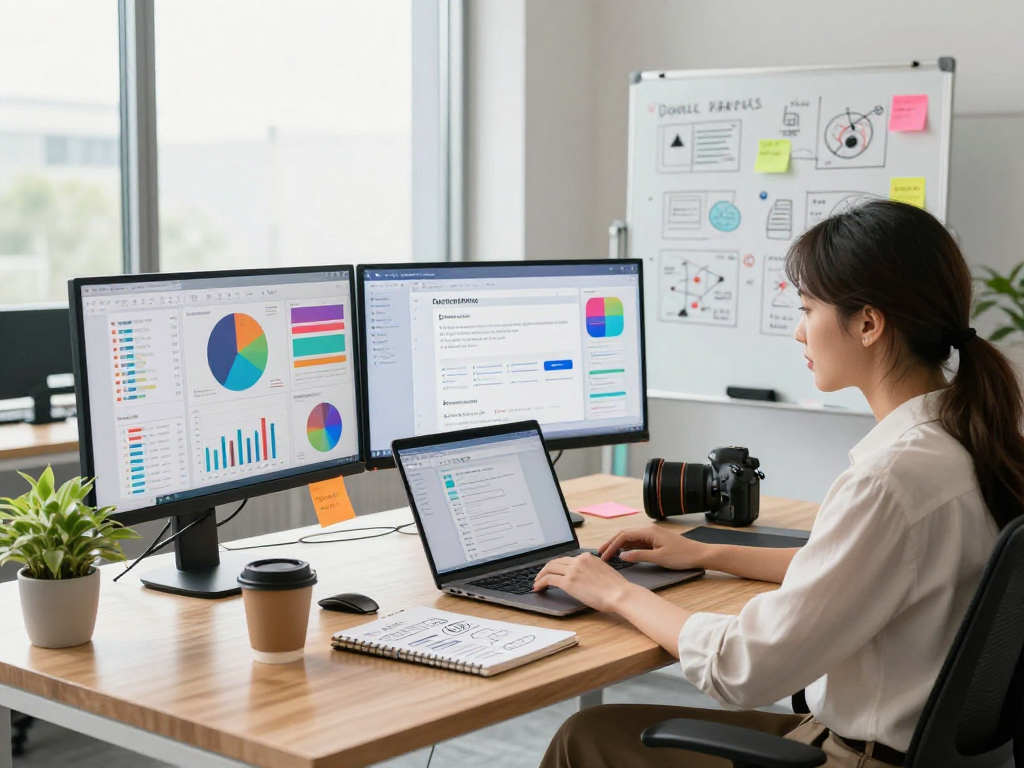 Analyst using spicy ai tools in a vibrant marketing workspace.