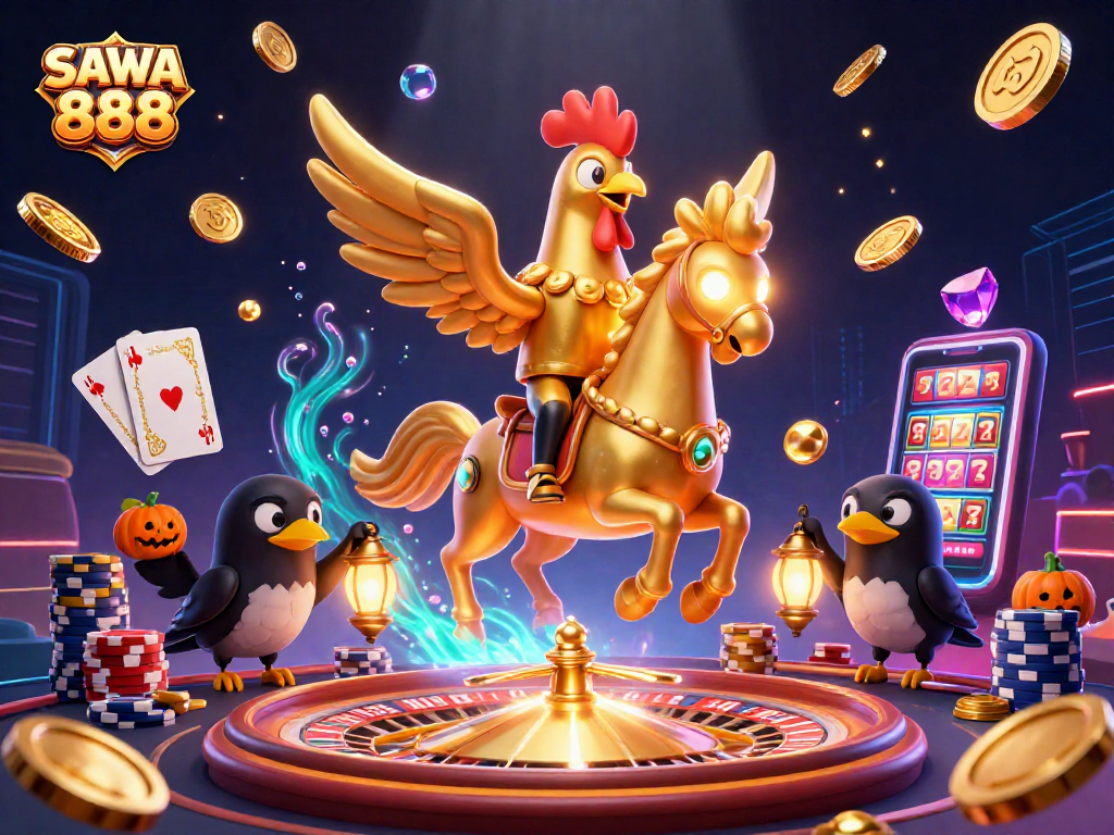 Experience thrilling gaming at SAWA 888 with golden rooster characters and casino elements in a vibrant casino backdrop.