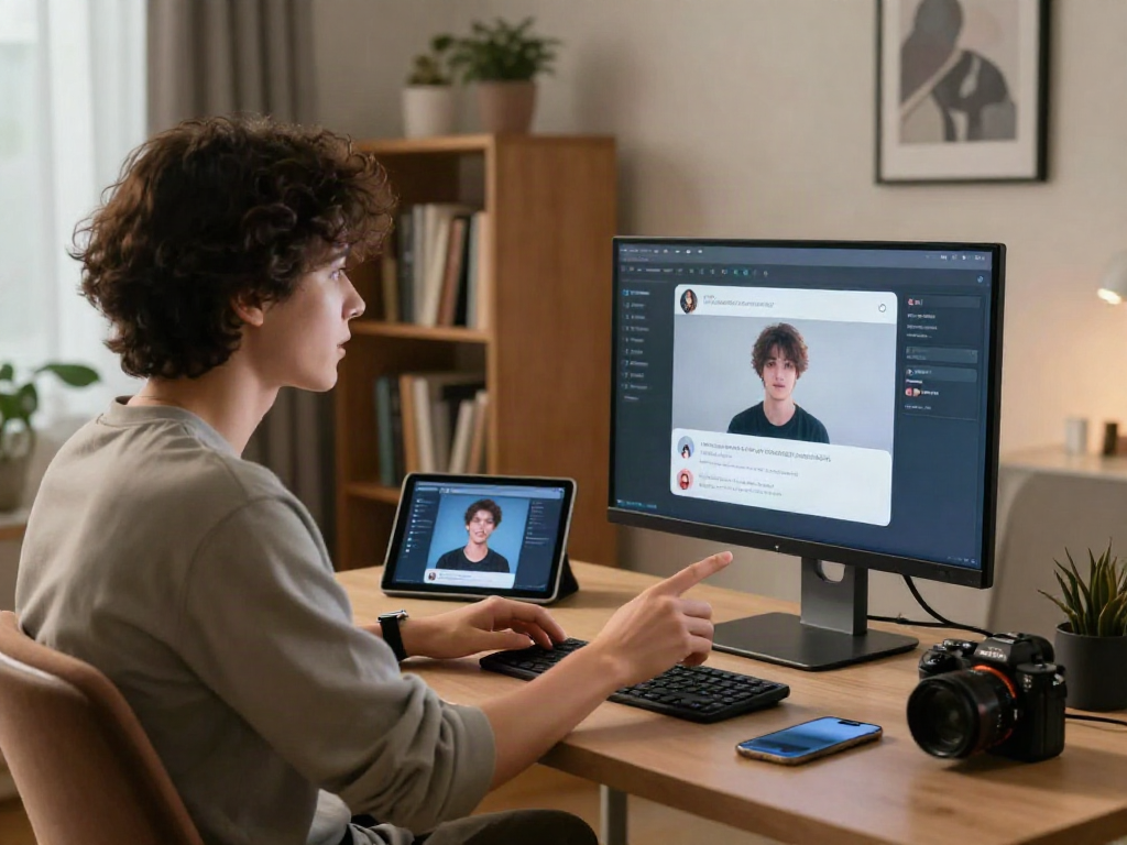Engaging AI porn chat experience in a modern home office with interactive digital elements.