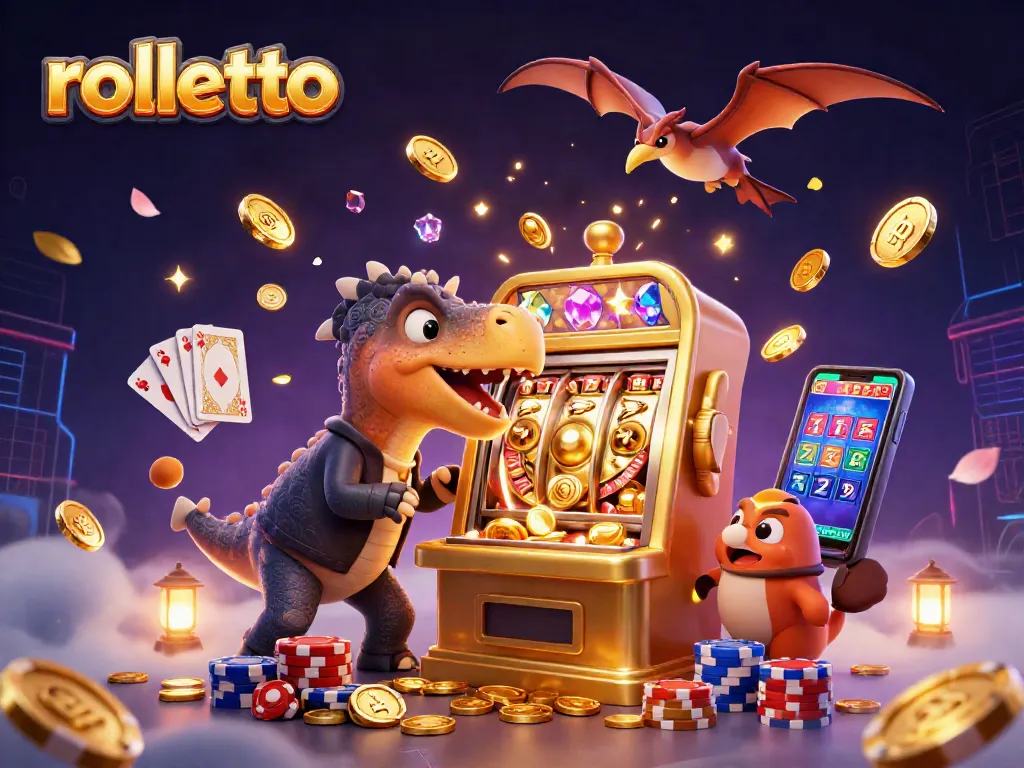 rolletto casino scene with a dinosaur winning coins from a slot machine and a pteranodon collecting gold