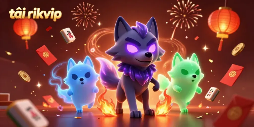 Play thrilling games and tải rikvip with glowing energy, surrounded by festive symbols and characters.