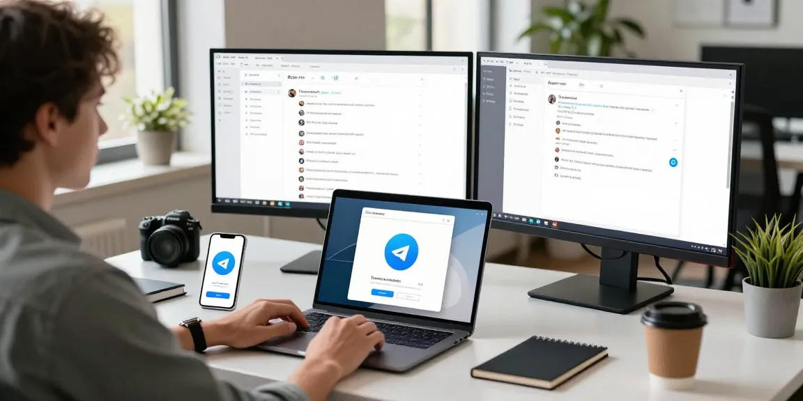使用Telegram中文版的清晰桌面办公环境，展示多显示器和高效工作氛围。