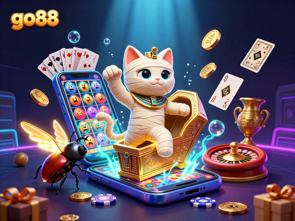 Experience thrilling gameplay with go88 as the mummy cat and scarab beetle dominate a vibrant casino scene.