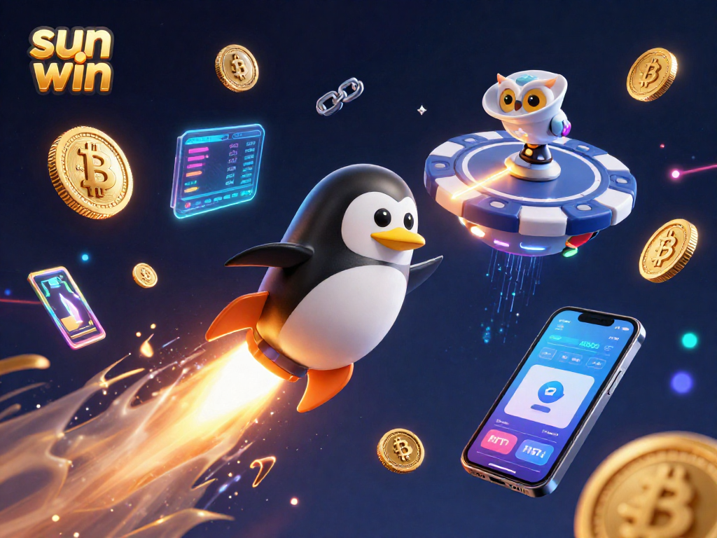 Engage with sun win as the rocket-powered penguin zooms toward a vibrant casino environment, celebrating giant jackpots.