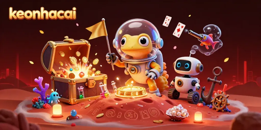 Engage in exciting gaming with keonhacai as a Martian gecko finds treasures in a cosmic casino.