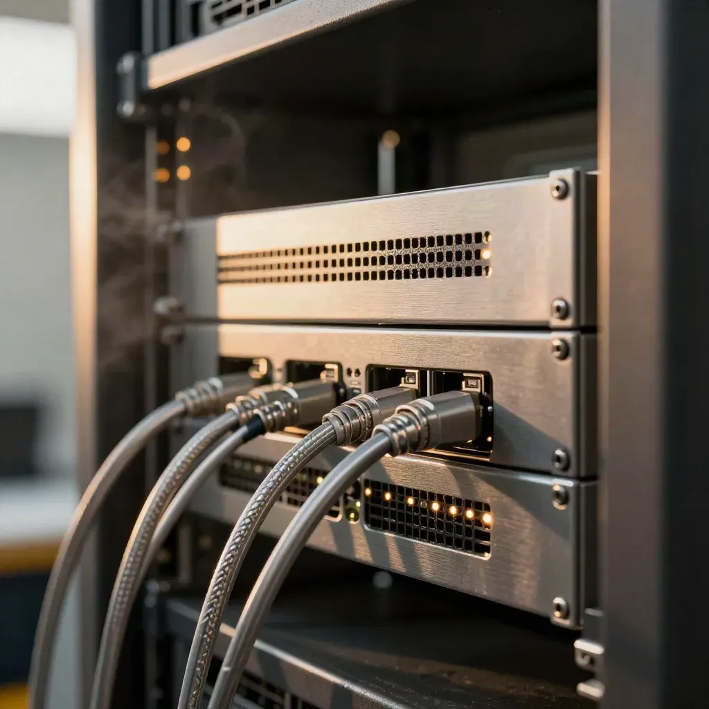 Validator servers with sync lights, SSD backups, and a turned monitor in a warm server room.