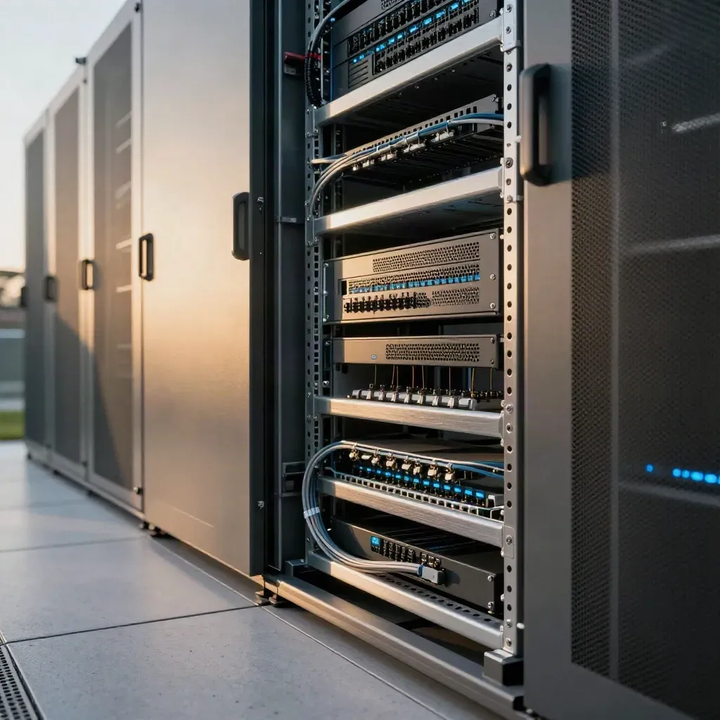 Parachain launch rack in a UK server hall with blue status lights and fibre runs.