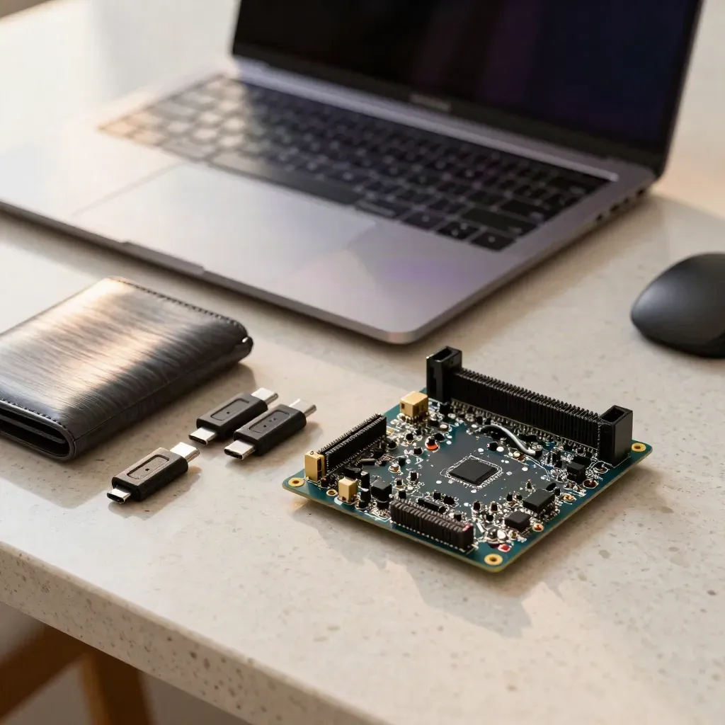 Closed laptop, hardware wallet, USB-C dongles and a dev board on a travertine bench