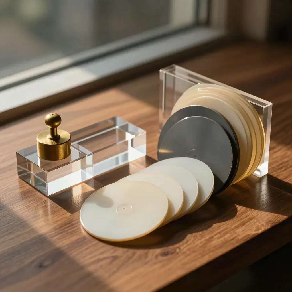 Acrylic supply blocks, brass weight, and fanned discs arranged for tokenomics review.