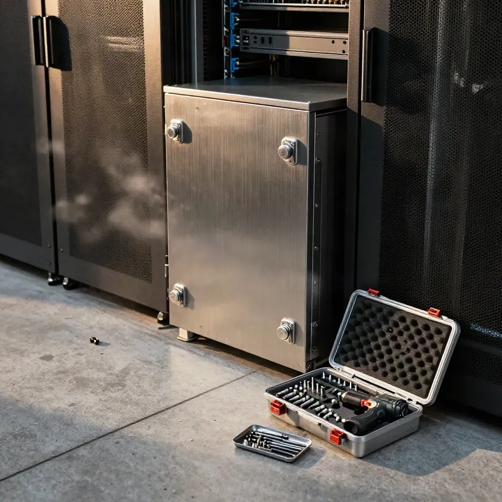 Locked server cabinet with tamper seals and an open precision tool case in a hazy server room.