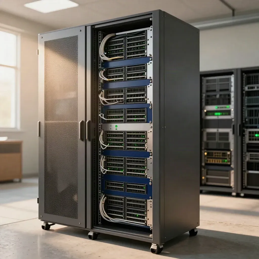 Sunlit rack of blockchain node servers with green lights and backup drives in a bright equipment room.