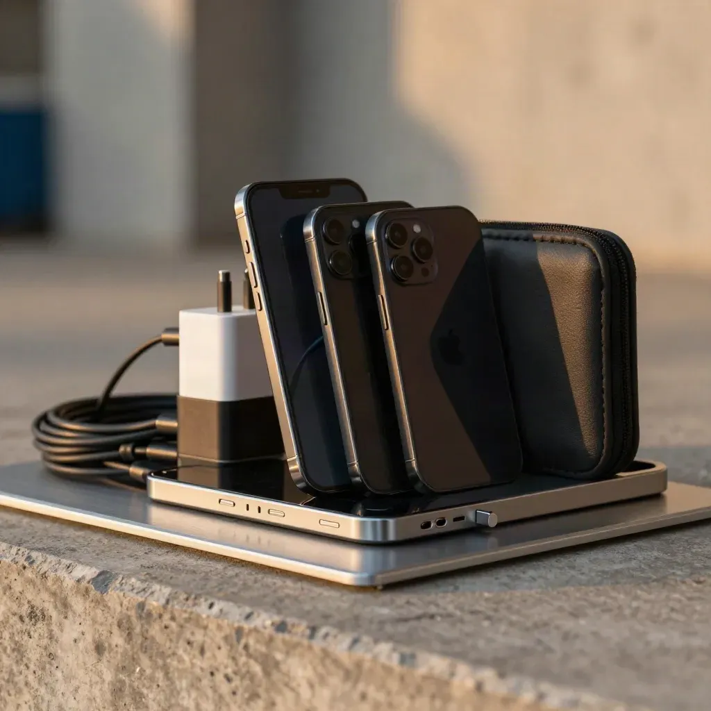 Three angled phones, backup chargers and a sealed pouch on a moody launch rig with haze