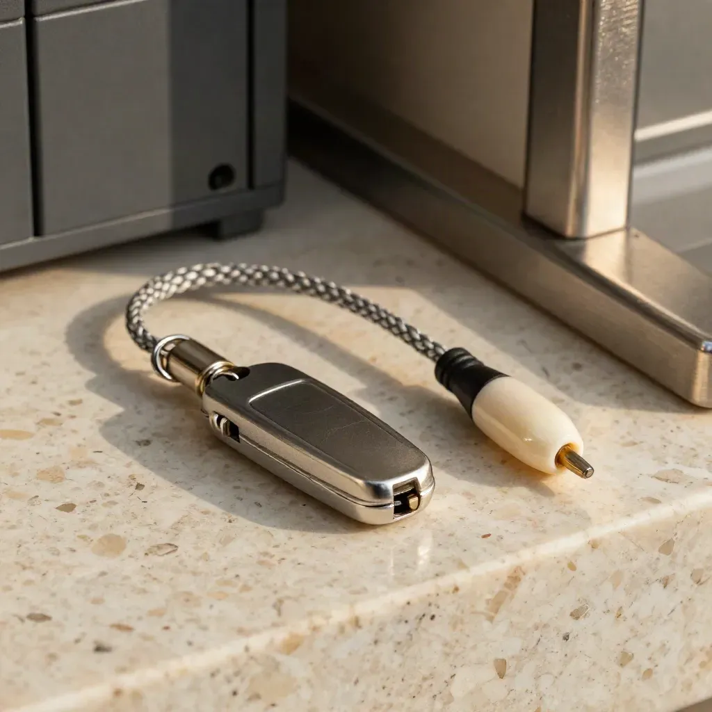 Macro still life of a hardware wallet key, braided cable and ceramic probe tip on travertine.