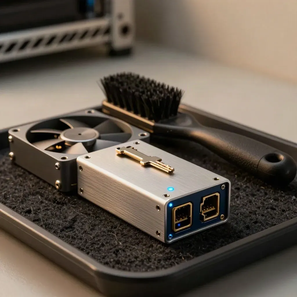 Fibre transceiver, server fan and anti-static brush on felt under dramatic workshop light.