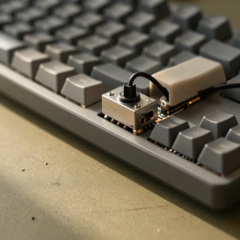 Keyboard edge, hardware signer, and development board on an electronics workbench.