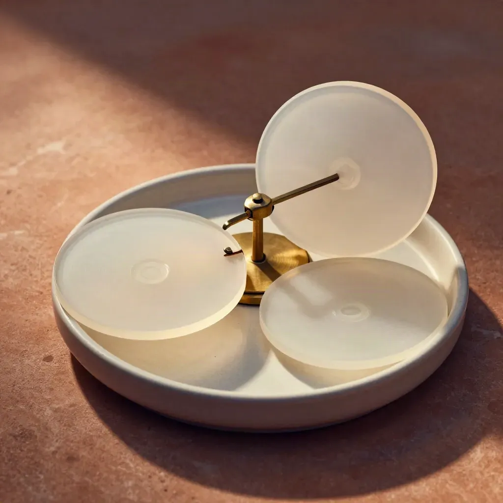 Top-down still life of clear supply discs and brass weight in a ceramic dish.
