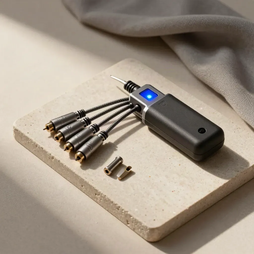 Test dongles, LED puck, and probe case arranged on a stone tray with soft blue glow.
