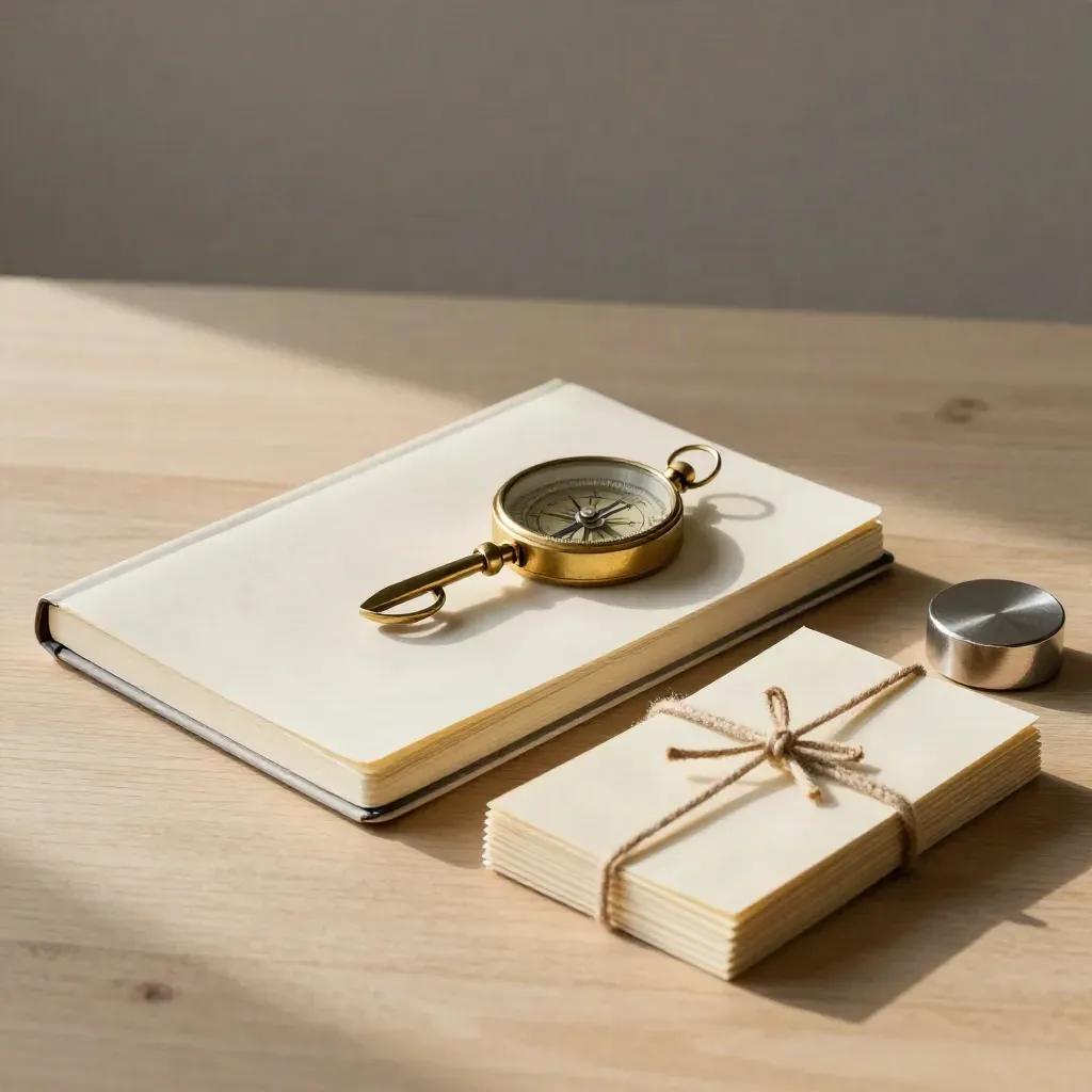 Overhead still life of notebook, brass compass and linen-tied cards on pale wood.
