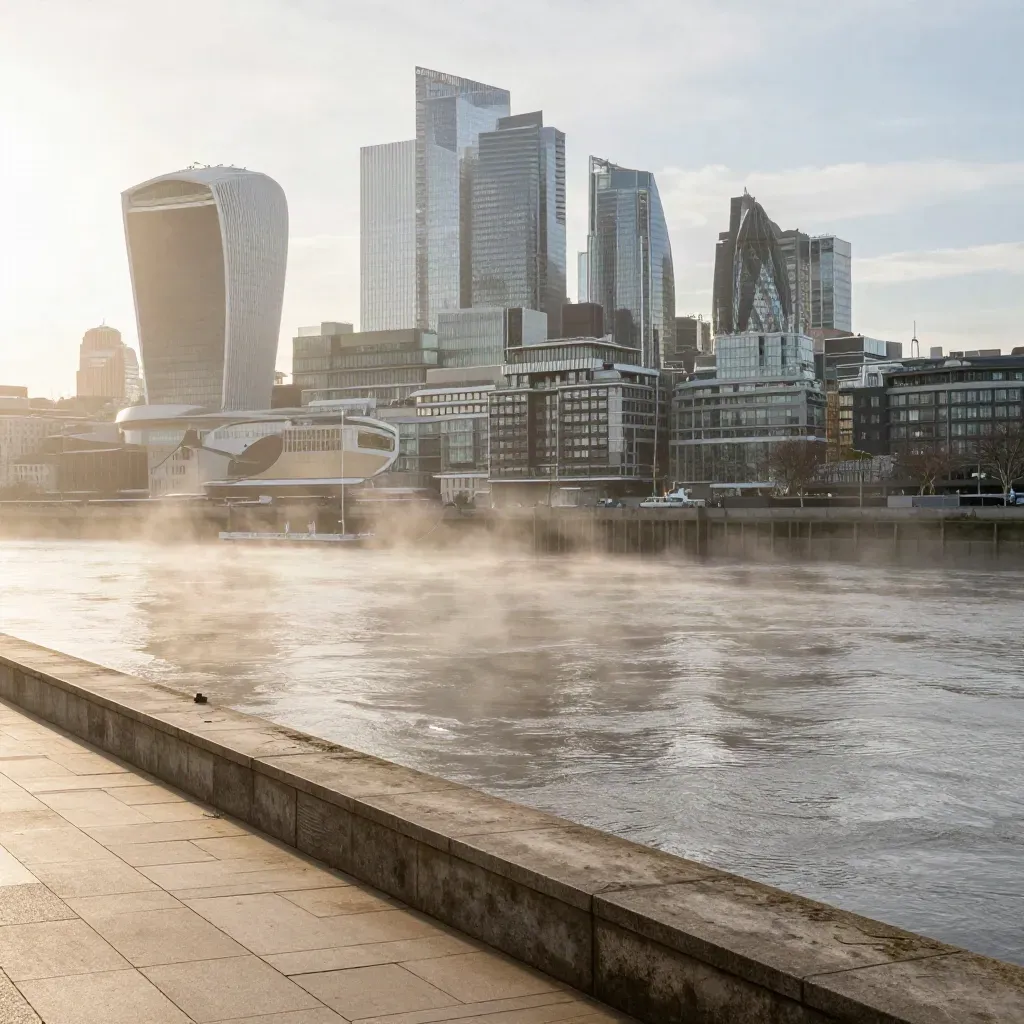 London skyline above the Thames in warm sunrise mist, with calm water and stone embankments.