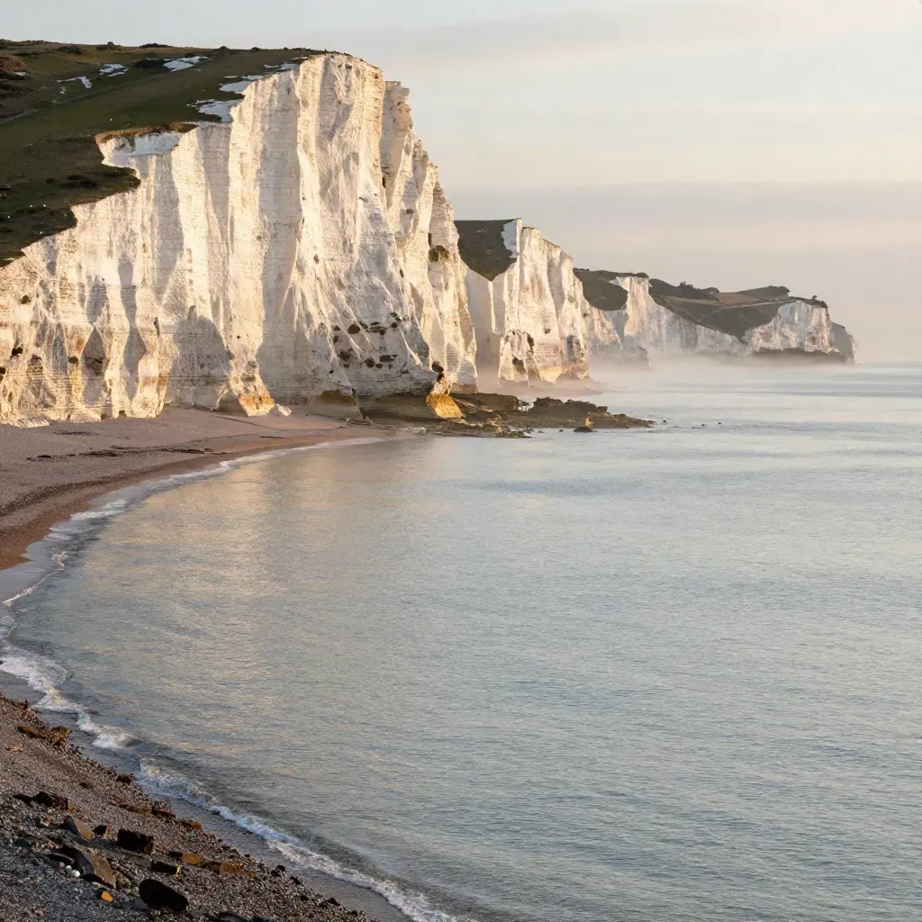 White Cliffs of Dover glowing above a calm misty sea at sunrise