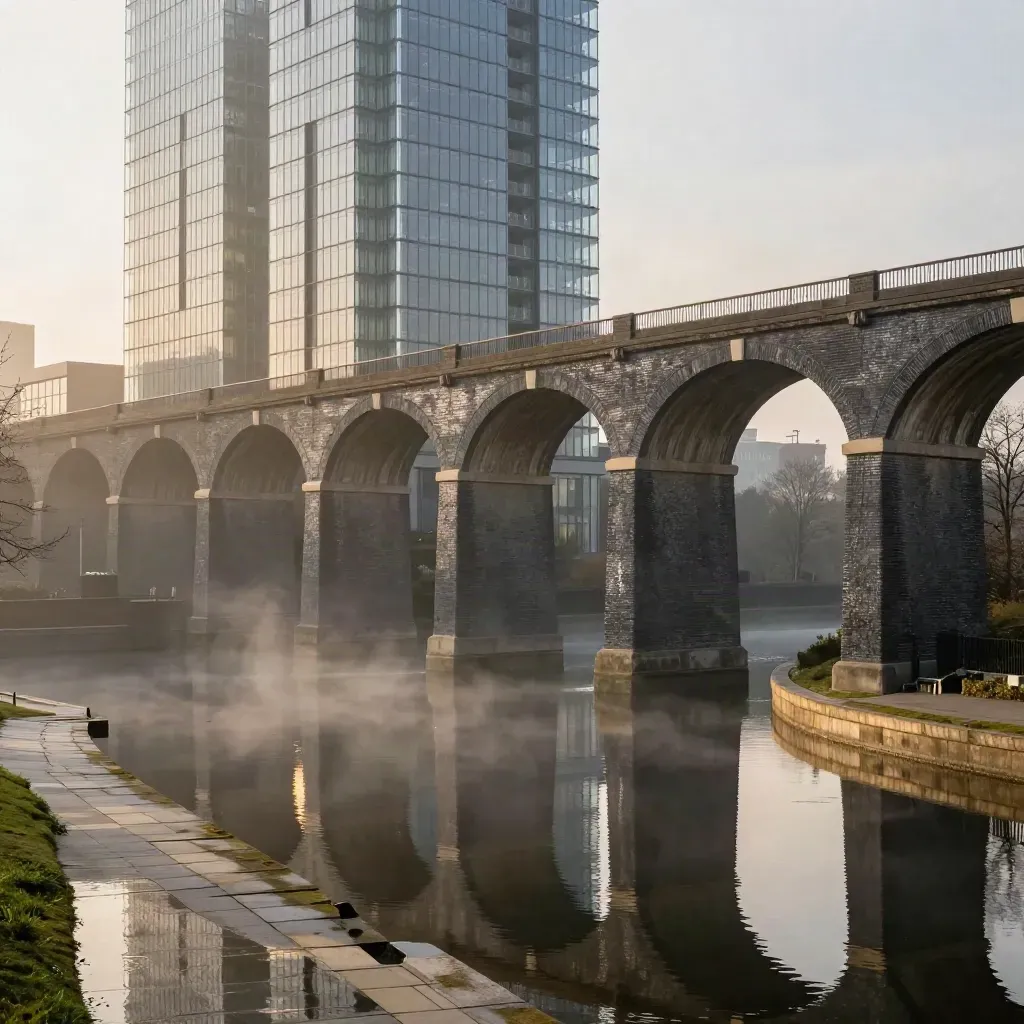 Birmingham viaducts and glass towers above misty canal water at sunrise