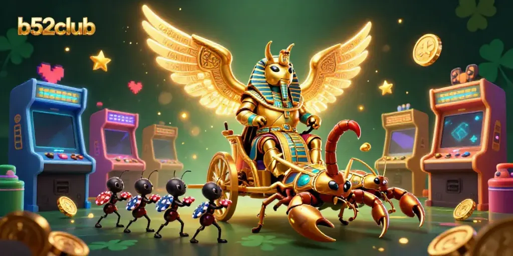 Engage with b52club's thrilling games as a luminous scarab beetle and scorpions deliver excitement in a vibrant casino