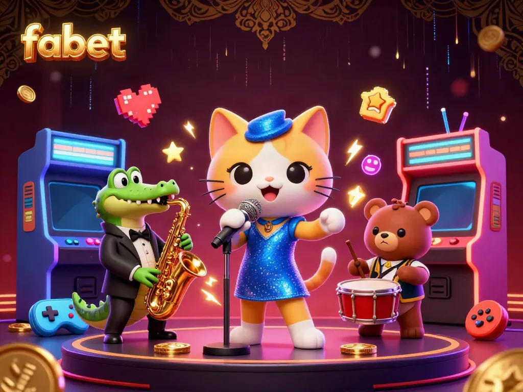 Experience the vibrant action of fabet with a lively 3D scene featuring unique characters and gaming elements.