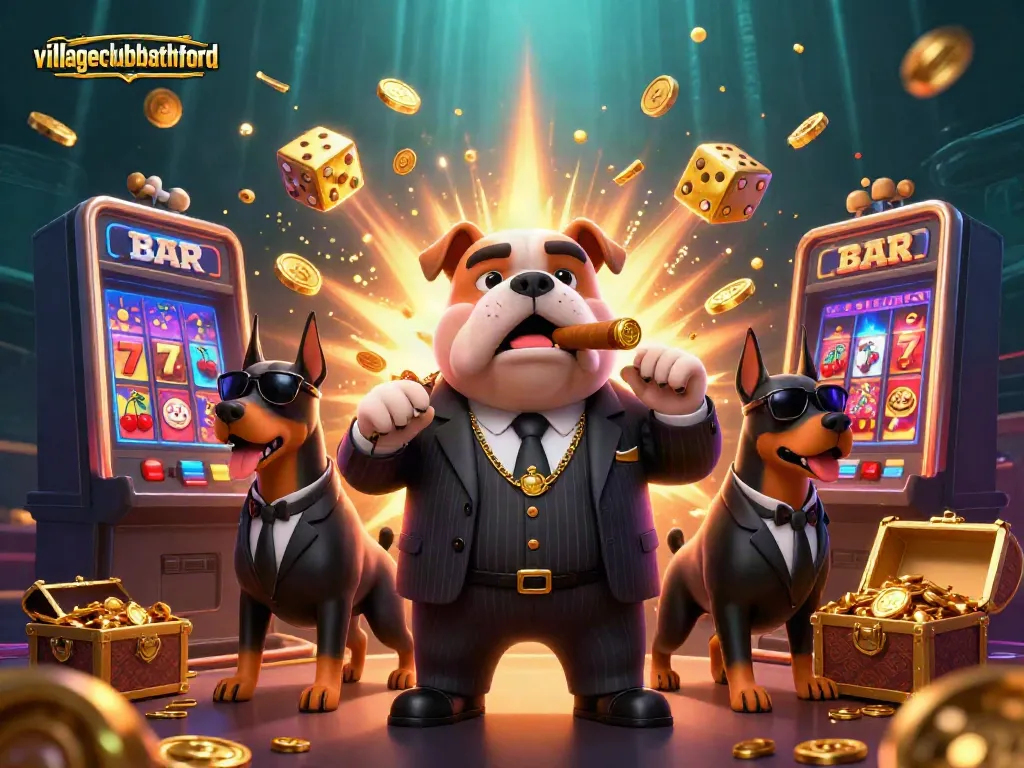 Experience the thrills of villageclubbathford with a vibrant casino-themed scene featuring a bulldog mob boss and dynamic game elements.