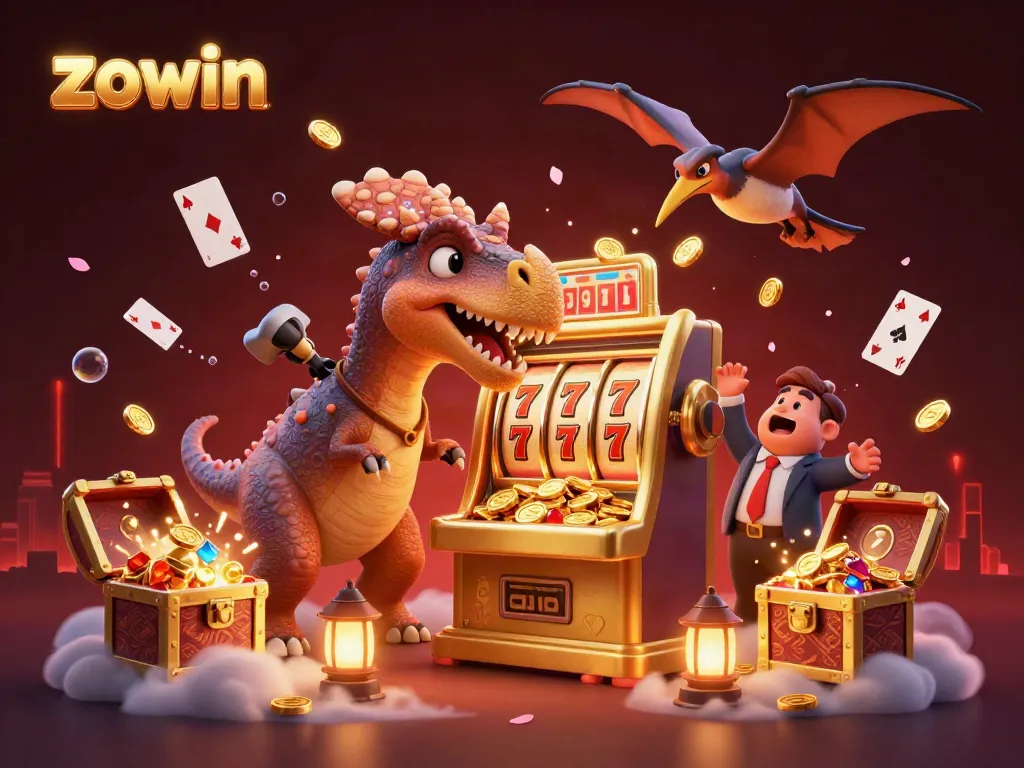 Zowin features an animated scene of a pachycephalosaurus hitting a slot machine amidst golden coin chaos.