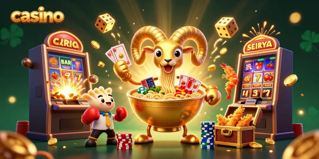 Experience the casino excitement with a dynamic party of cartoon characters celebrating amidst gold coins and jackpots.