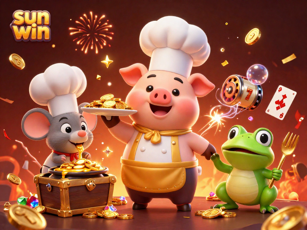Join the fun and excitement of sun win gaming with a vibrant scene featuring characters and slots!