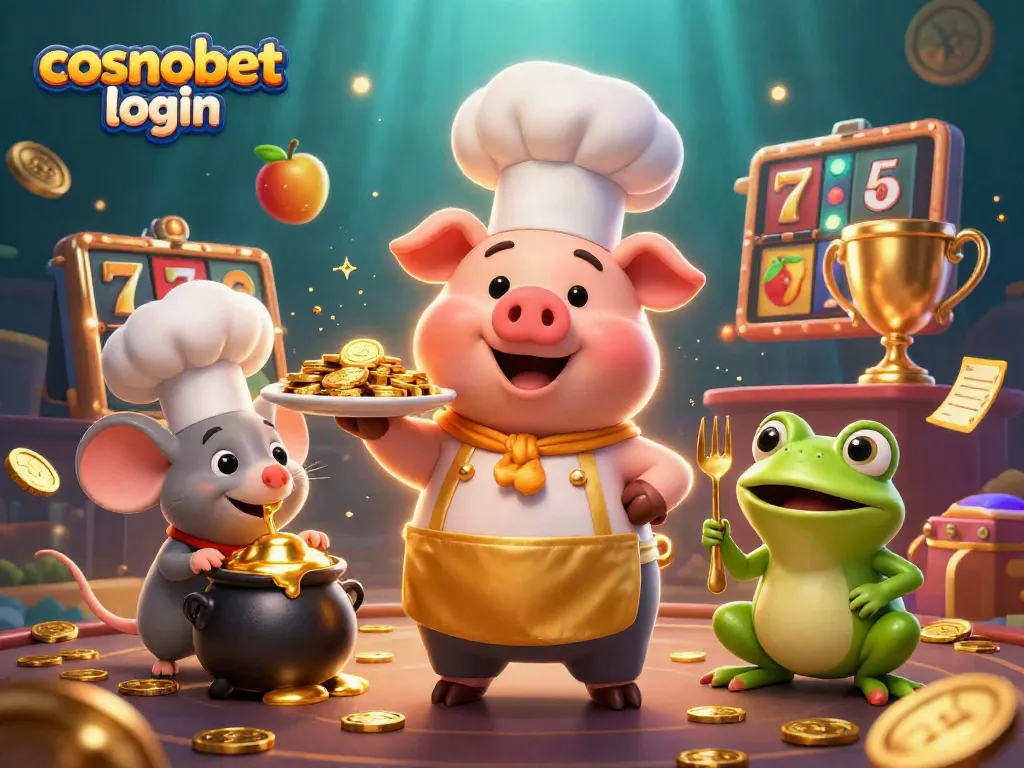 Join the fun at cosmobet login with gold coins, casino reels, and vibrant characters!