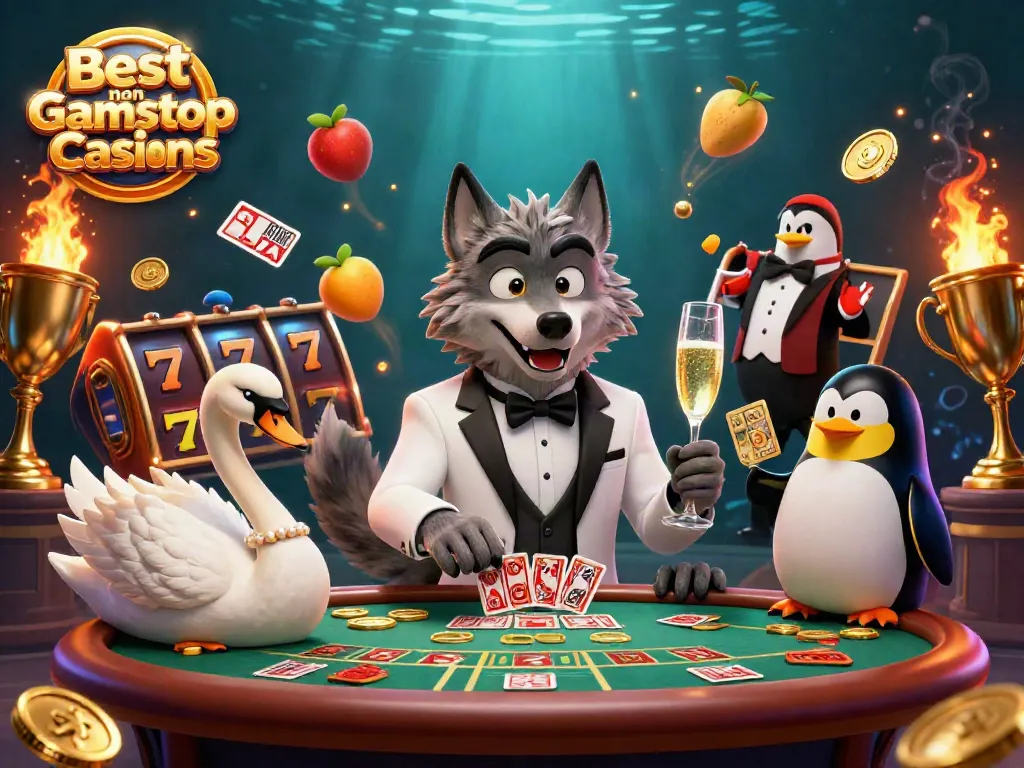 Experience the excitement of the Best non Gamstop Casinos with a cartoon wolf, swan dealer, and penguin sommelier.