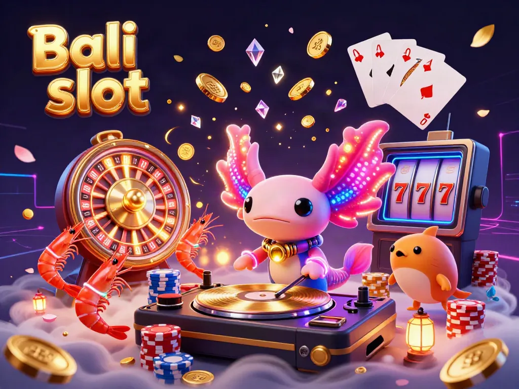 Bali slot illustration featuring vibrant axolotl DJ and casino elements, showcasing an exciting gaming atmosphere.
