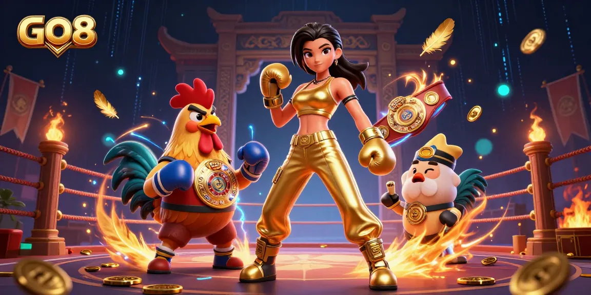Engage with GO8 gaming excitement featuring a powerful woman and a championship rooster in a vibrant casino atmosphere.