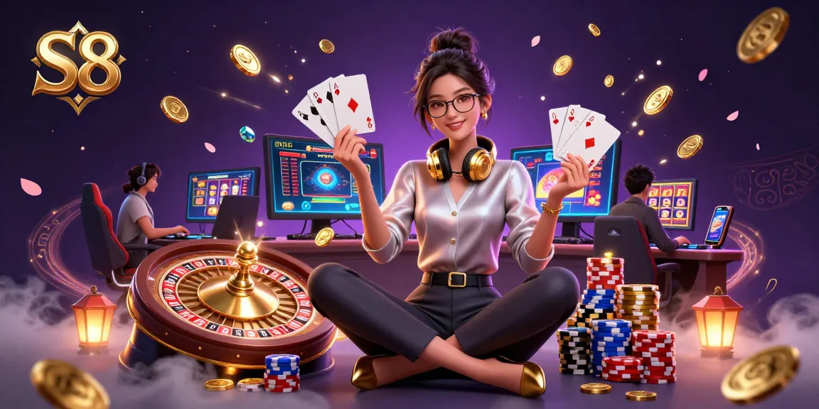 S8 casino experience illustrated with a professional Asian woman gaming at a high-tech setup surrounded by casino elements.