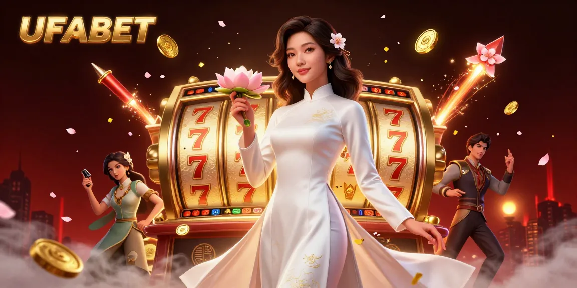 Win big with UFABET's dynamic slots and luxurious ambiance in this vibrant casino illustration.
