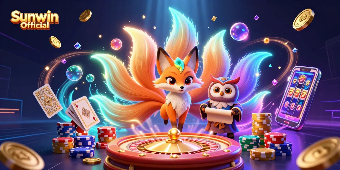 Experience the vibrant energy of Sunwin Official as colorful spirit characters celebrate with dazzling casino elements.