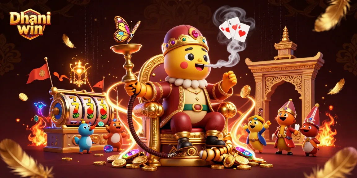 Dhani win engaging players with colorful slot reels, vibrant coins, and a whimsical caterpillar at a lavish casino scene.