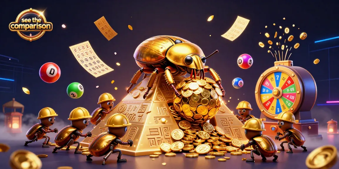 See the comparison of dynamic gaming elements within a rich casino scene featuring golden beetles and lottery symbols.