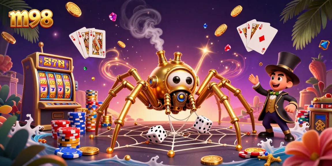 Engage with m98 as a steampunk spider weaves a golden web of luck in a dynamic casino scene.