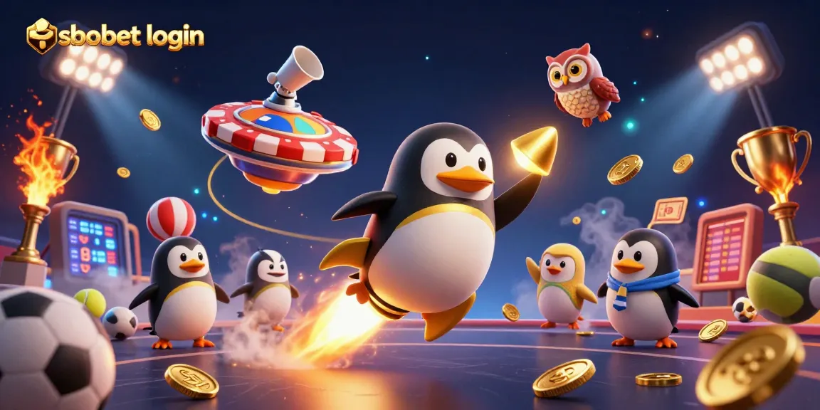 Experience seamless sbobet login with a dynamic 3D casino illustration featuring a golden penguin and sports elements.