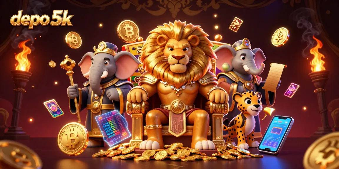 Spin to win with depo 5k, showcasing vibrant slot reels and a majestic lion king.