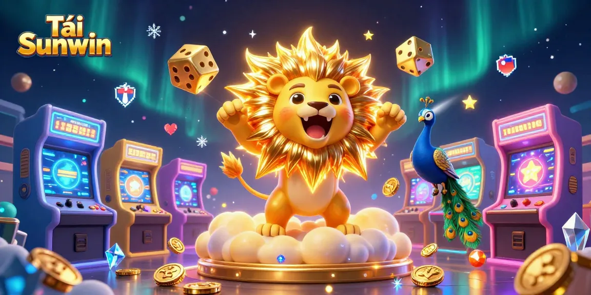 Tải Sunwin and triumph through the 3D cartoon illustration of gaming adventure with vibrant casino elements.