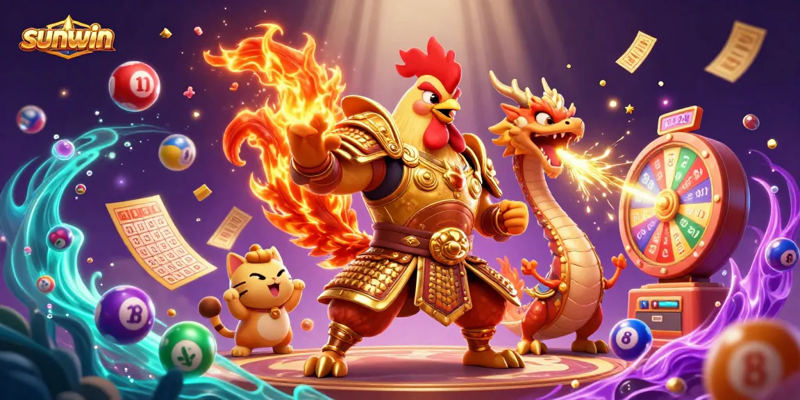 Engage in thrilling gameplay with sunwin's vibrant scene featuring a rooster warrior and dragon hatchling.