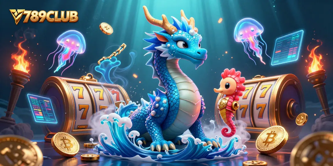 Experience thrilling gameplay with 789CLUB as the azure dragon and seahorse knight navigate neon slot reels.