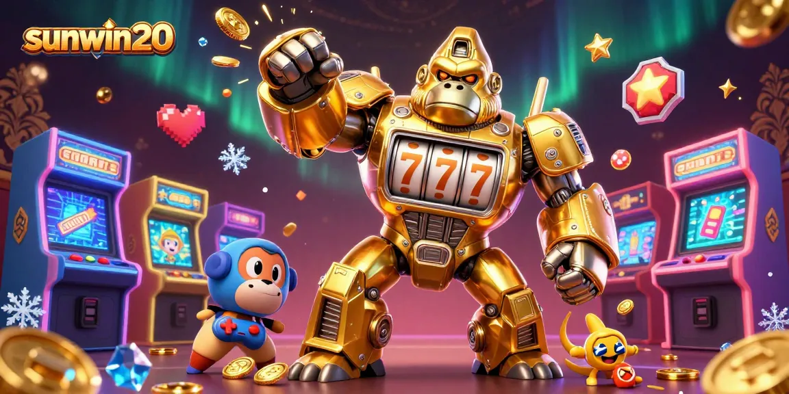 Experience thrilling gaming excitement at sunwin20 with a golden mech gorilla and vibrant casino elements.